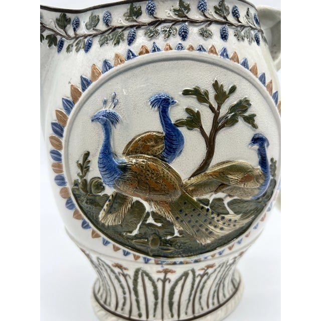 Antique Prattware Polychrome Decorated Pearlware Pitcher With Peafowl, Circa 1820's For Sale - Image 4 of 12