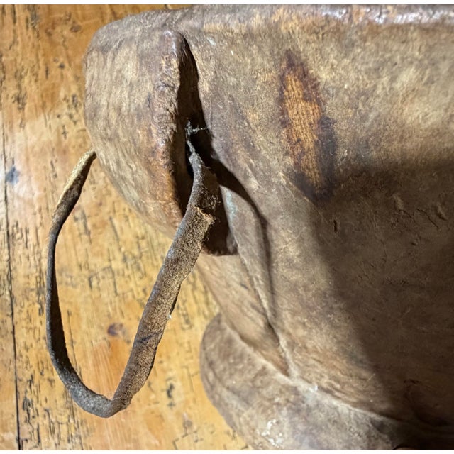 Antique Primitive Hand-Carved Wooden Bowl With Original Hanging Handle and Folk Art Repairs For Sale - Image 9 of 12