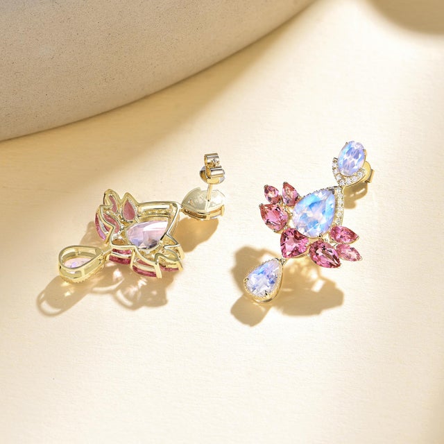 Nina Zhou Jewelry Nina Zhou 10.38ctw Aspire Lotus Moonstone Pink Tourmaline Diamond Drop Earring For Sale - Image 4 of 8