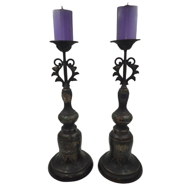Metal Pair of Late 19th Century Chinese Cloisonné Enamel and Bronze Candlesticks - 16" For Sale - Image 7 of 16