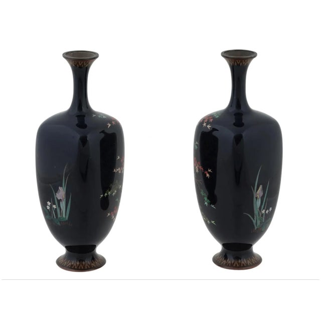 Antique Pair of Meiji Japanese Cloisonne Enamel Stork Blossoming Garden Vases Attributed to Ota For Sale In New York - Image 6 of 8