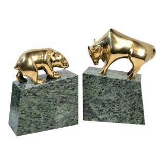 Late 20th Century Bear/Bull Stock Market Solid Brass Bookends - a Pair For Sale