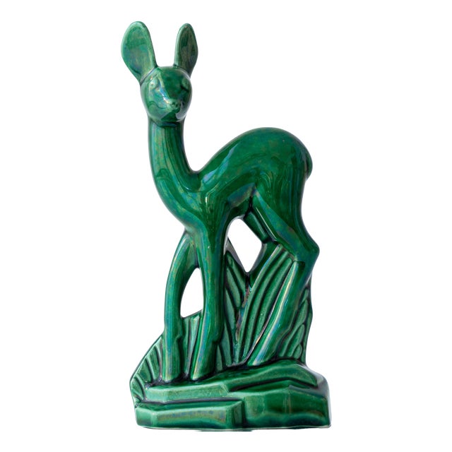 Art Deco Emerald Green Ceramic Deer Sculpture by Charles Lemanceau for Saint-Clément, France, 1930s For Sale