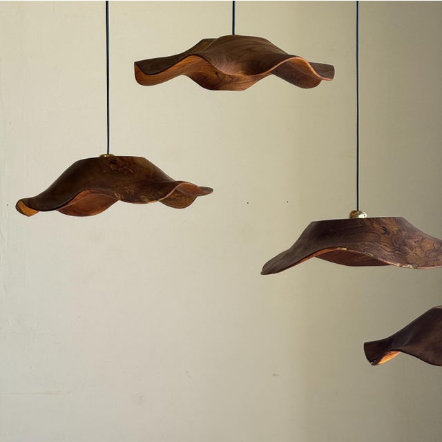 1980s Flat Corrugated Leaf Pendant Light in Teak For Sale - Image 5 of 18
