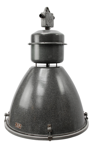Large Vintage Industrial Gray Enamel and Glass Pendant Lamp