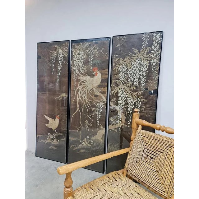 Japanese Showa Period Chinoiserie Embroidered Silk Wall Art, 1950s For Sale - Image 6 of 7