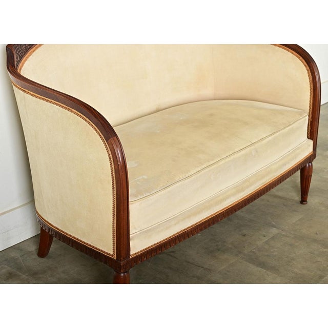 French Art Deco Walnut & Upholstered Settee For Sale - Image 9 of 12