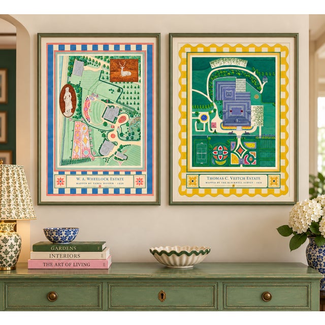 Traditional Atelier Aria Lumae the Grand Estate Cartography Set of 2 Shore Estate Faux Checkered Border Fine Art Hge Gallery Board Print 34" X 18" Wallspace For Sale - Image 3 of 18
