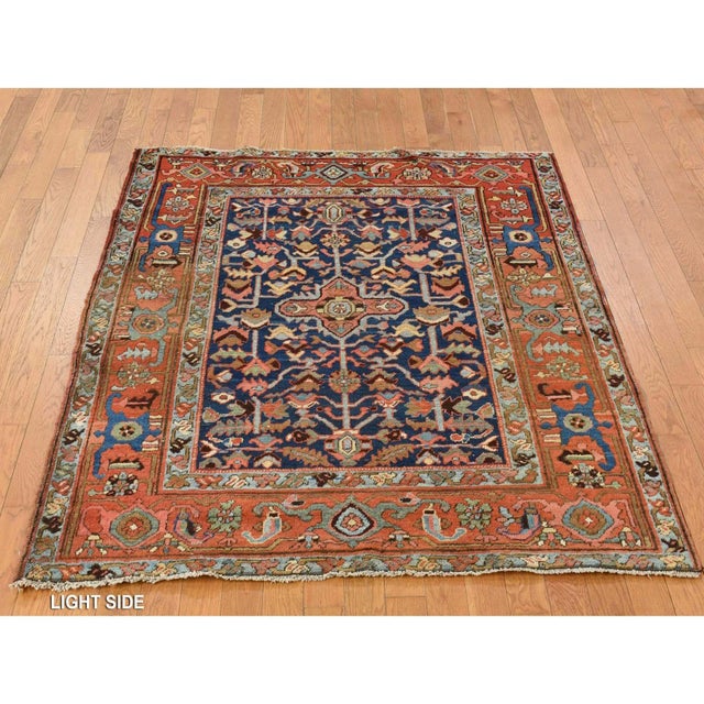 Traditional 1900 4'6"x5'6" Blue Antique Persian Heriz Hand Knotted Wool Worn Down Oriental Rug For Sale - Image 3 of 8