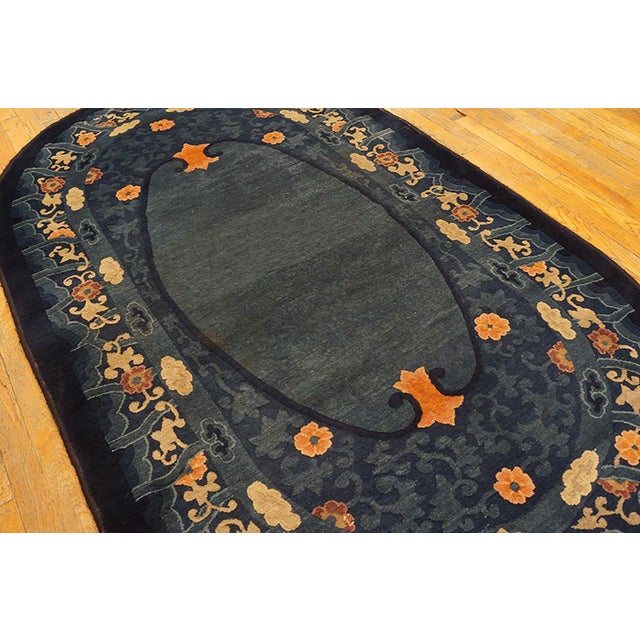 Art Deco 1920s Blue Floral Oval Antique Chinese Peking Carpet 4' X 6'8" Handknotted Wool Rug For Sale - Image 3 of 6
