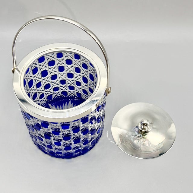 Mid-Century Modern Art Glass Jars with Blue Cut in Clear Crystal Biscuit Barrels with Silver-Plated Mounts, 1950s, Set of 2 For Sale - Image 6 of 18