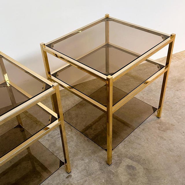 Metal Vintage Brass and Smoked Glass 3-Tier Side Tables, 1970s, Set of 2 For Sale - Image 7 of 12