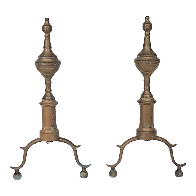 Antique Brass Steeple Form Andirons For Sale
