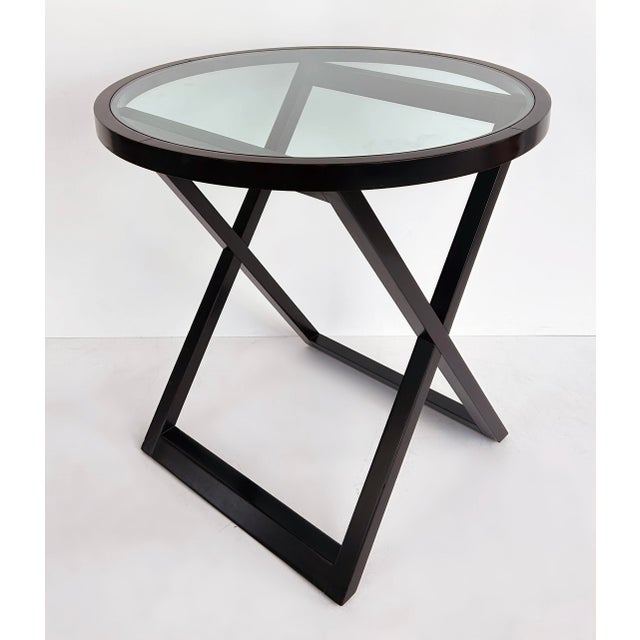 1970s Attributed to Ralph Lauren Mercer Street Round Side Tables, Glass Tops, "X" Frame Bases For Sale In Miami - Image 6 of 13