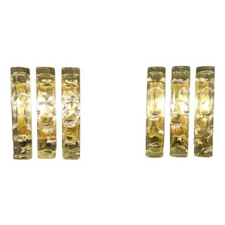 Vintage Wall Lamps with Brass-Colored Metal Frames and Three Frosted Glass Cylinders by Doria, 1970s, Set of 2 For Sale