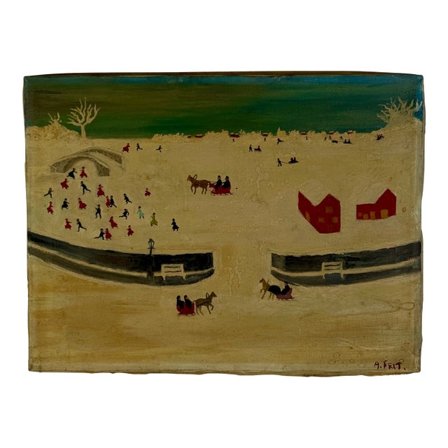 1960s 1st Time to Market, Folk Art O/C Painting by Abraham Feit, New York City Dealer & Artist For Sale