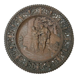 Large Antique Ornate Bronze Patinated Metal Relief Wall Charger Plaque Faust For Sale