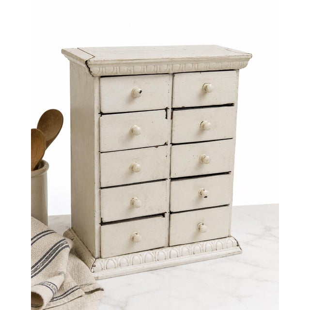 Antique C. 1900 Painted Spice Cabinet With 10 Metal-Lined Lidded Drawers For Sale - Image 11 of 12