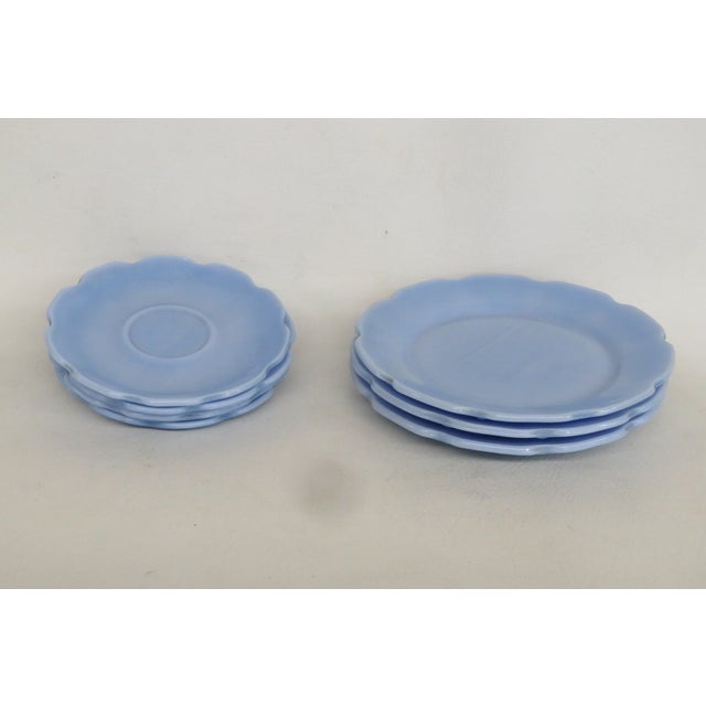 Early 20th Century Jeannette Glass Cherry Blossom 7pc Set Saucers Junior Plates Pastel Blue 5051b For Sale - Image 5 of 13