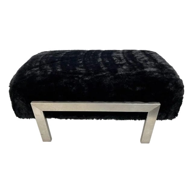 1970s Italian Vintage Black Faux Fur Steel Bed Stool Bench For Sale