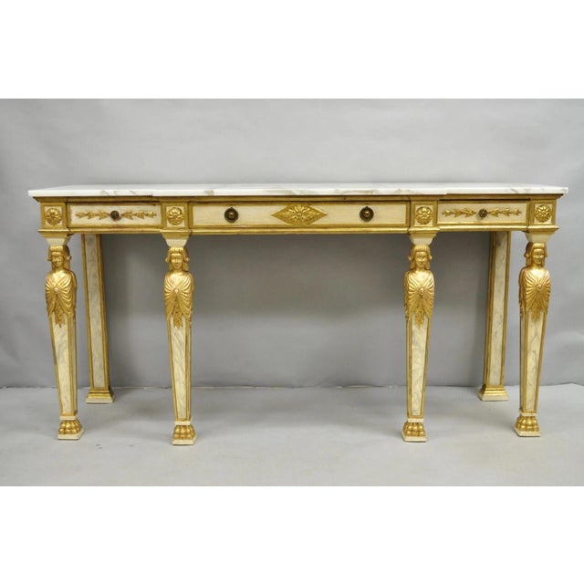 Antique Italian Neoclassical Cream & Gold Marble Top Figural Long Console Table For Sale - Image 12 of 12