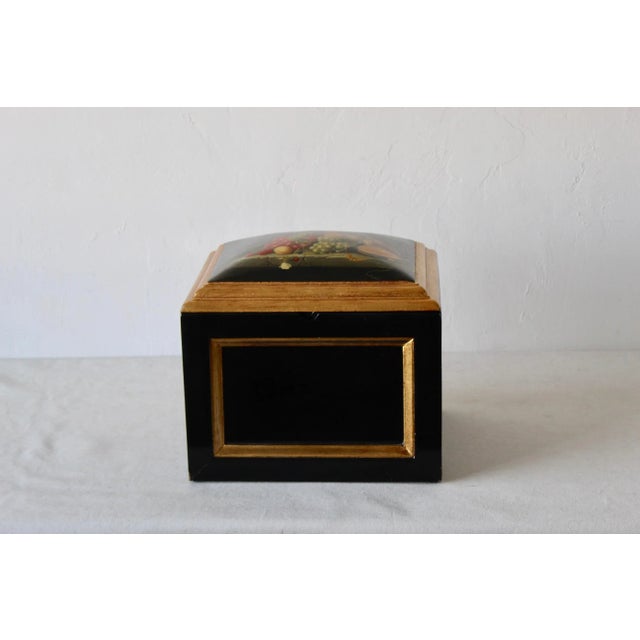 Wood Chinoiserie Lacquered Wood Gold Finish Lidded Box Fruit Still Life Decal Detail Vintage Mid Century For Sale - Image 7 of 11