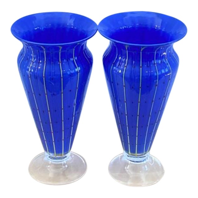 Pair of Vintage Handblown Italian Royal Blue Ribbed Dotted Stripe Art Glass Mantle Vases For Sale