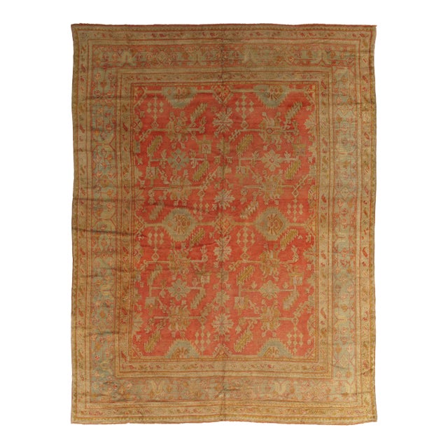 Antique Oushak Oriental Handmade Saffron, Light Blue & Coral Rug For Sale