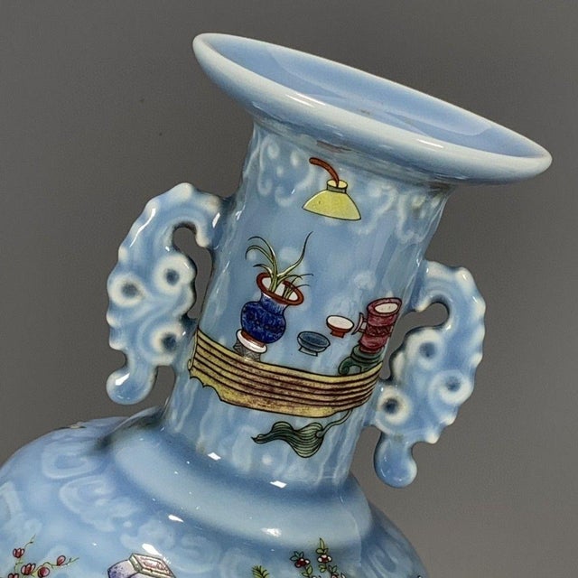 Chinese Light Blue Glazed Porcelain Vase With Famille Rose Antiques Motif For Sale In Los Angeles - Image 6 of 9