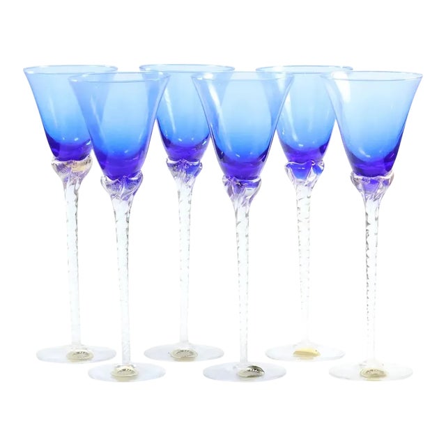1950s Italian Hand-Blown Long Stemmed Blue Nason Moretti Wine Glasses- Set of 6 For Sale