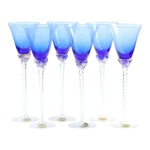 1950s Italian Hand-Blown Long Stemmed Blue Nason Moretti Wine Glasses- Set of 6