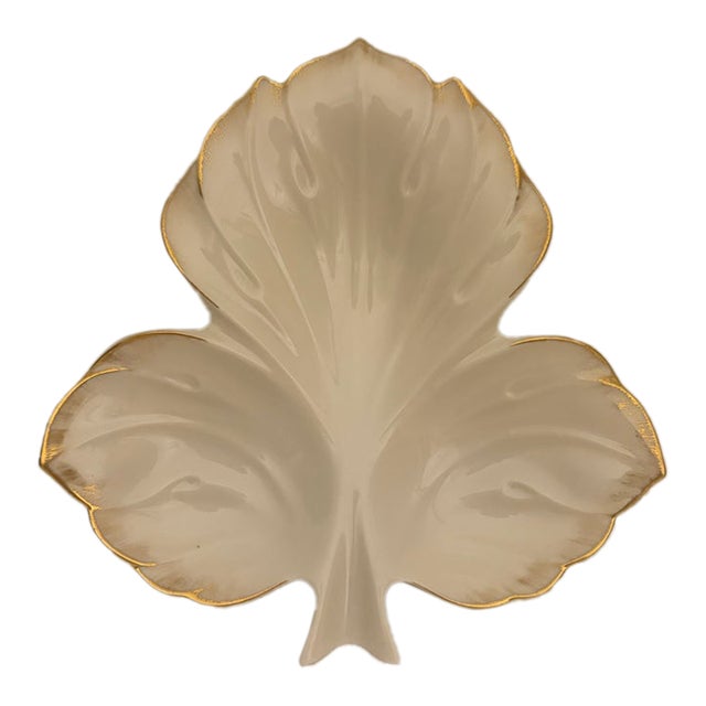 1950s Sylvan Collection Lenox Ivory 3-Section Divided Leaf Dish - 24k Gold Trim For Sale