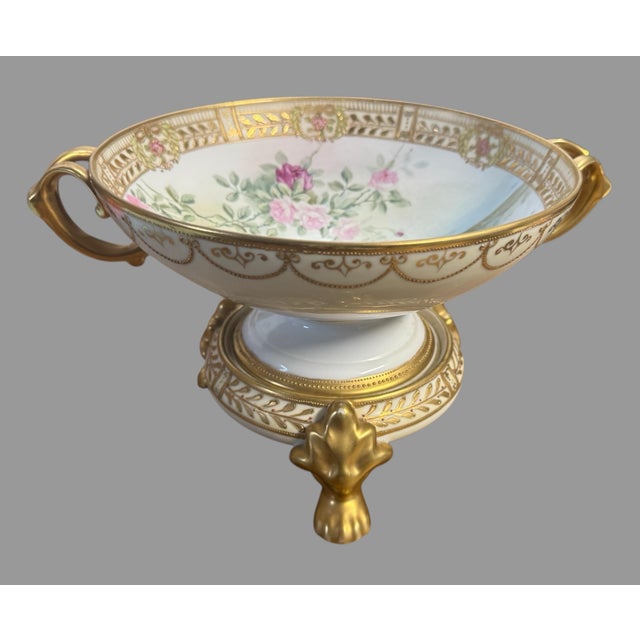 Antique Nippon Hand Painted Porcelain Compote Roses Landscape Gilt Footed Stand For Sale - Image 12 of 12