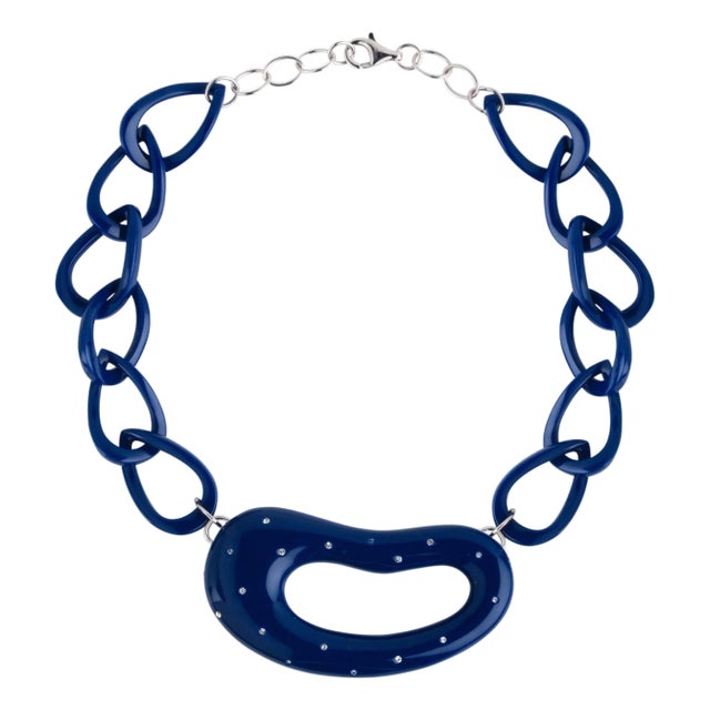 Miriam Salat Classic Navy Blue Resin & White Zircon Sterling Silver Necklace For Sale
