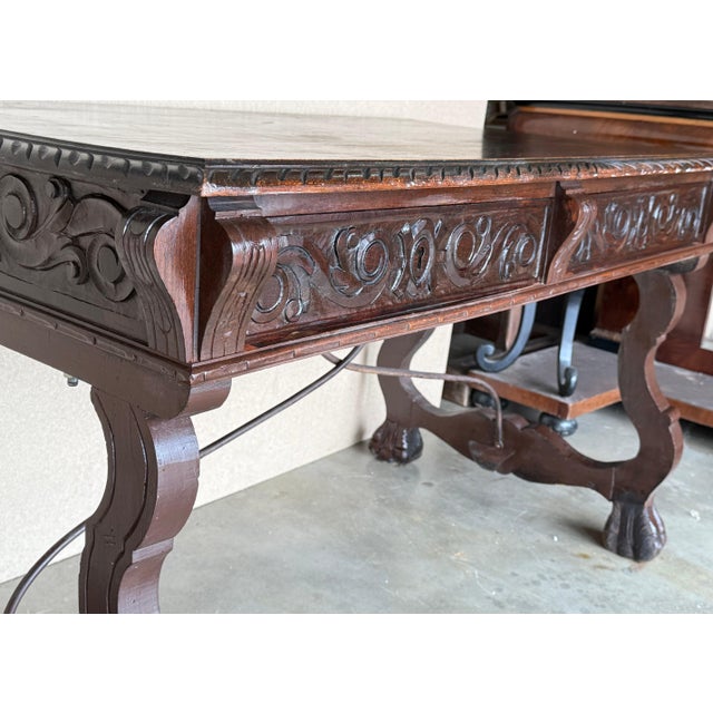 Brown 19th Century Spanish Baroque Style Oak Library Table or Desk, Two Faces For Sale - Image 8 of 18