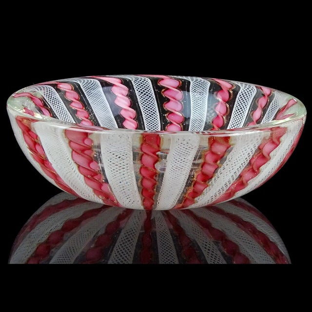 Mid 20th Century Fratelli Toso Murano Vintage Pink White Copper Aventurine Twisting Ribbons Italian Art Glass Bowl For Sale - Image 5 of 6