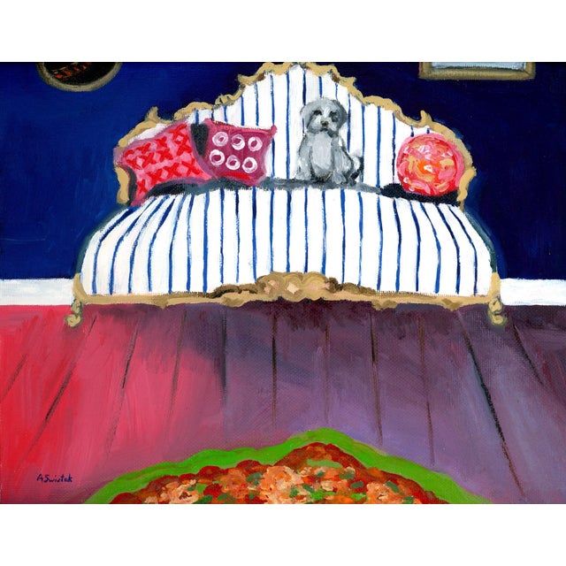 Mid-Century Modern Pup on Blue Striped Sofa Impressionist Interior Room Portrait Oil Painting by Alexandra Swistak For Sale - Image 3 of 4