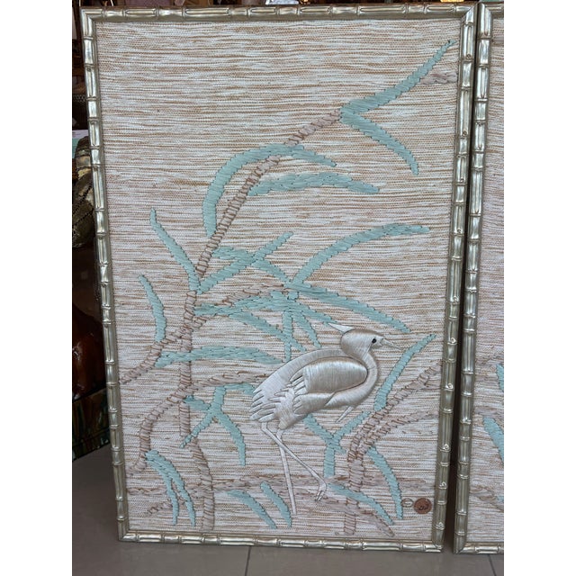 Contemporary Don Freedman Pair Wall Tapestry Framed Bamboo Woven Textile Silk Art Birds For Sale - Image 3 of 12