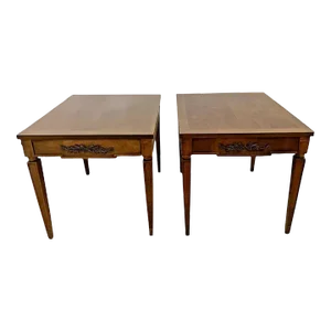 1960s Mid Century Vintage Lane Side Tables Walnut With Carved Drawer Pull - a Pair