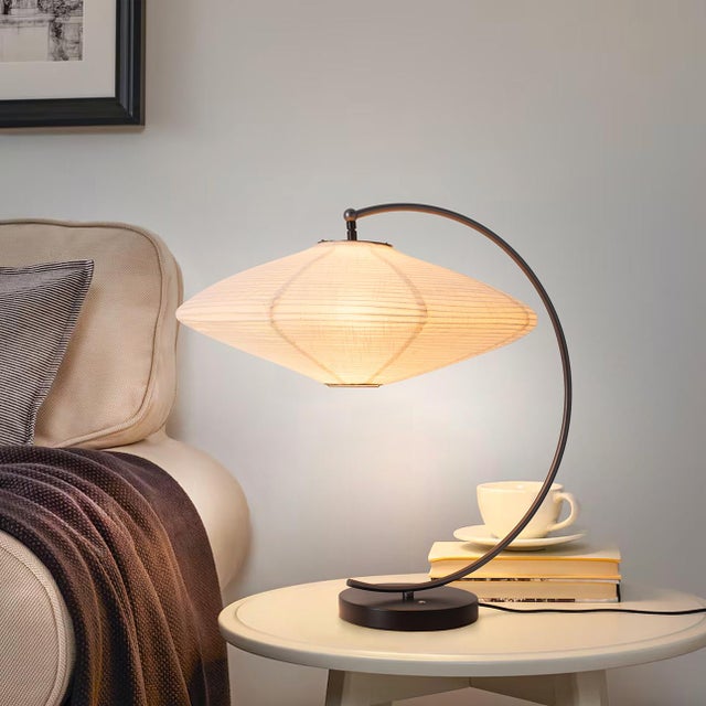 NOVA Rosewell Sculptural C-Arc Table Lamp - Hand-Stitched Woven Paper Linen UFO Diamond Shade, Matte Black Base with USB...