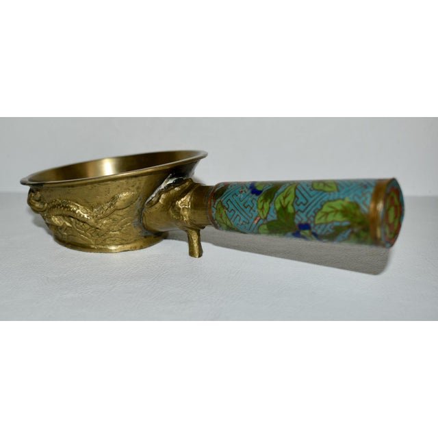 Antique Chinese Brass Silk Iron Coal Pan W/Cloisonné Handle With Flowers For Sale In Philadelphia - Image 6 of 13