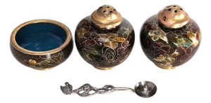 Chinese Cloisonné Enamel Salt & Pepper Shaker Set With Cellar and Spoon, Floral Gilt Brass, Mid-Century Tableware 2"