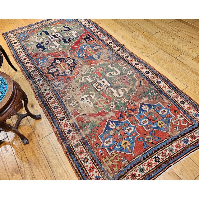 Textile Mid-19th Century Caucasian Cloudband Karabagh Carpet, Hand-Knotted Wool, Green & Blue, 5' x 9' For Sale - Image 7 of 17