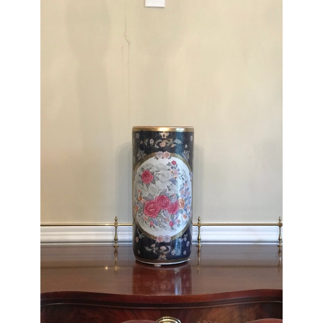 1980s Vintage 1980s Porcelain Flora Umbrella Stand in Cobalt Blue With Multi Colors and Textured Gold Accents For Sale - Image 5 of 6