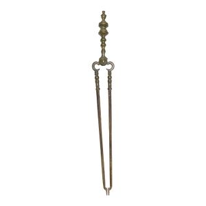 Antique 18th Century Wrought Iron Turned Brass English Fireplace Tongs Tool