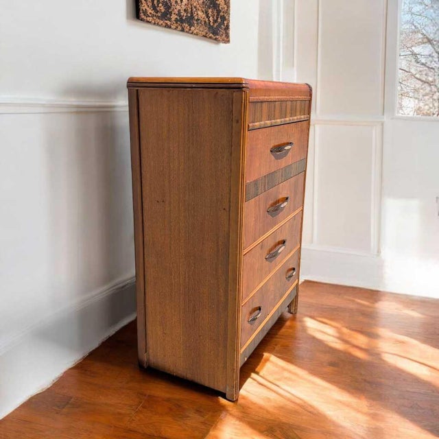 Chestnut 1930s Art Deco Waterfall Tallboy Dresser With Figured Wood For Sale - Image 8 of 16