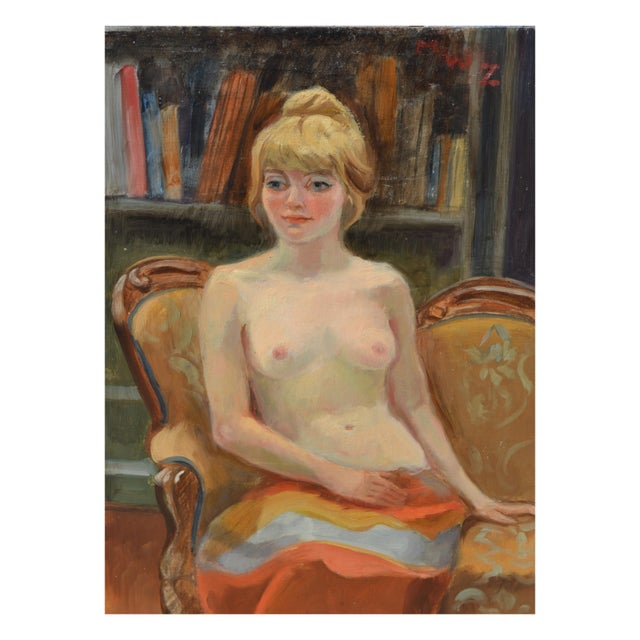 A nude portrait of a demure young lady seated on an antique couch in a library setting by Margaret Wherry Ziegler...