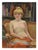 A nude portrait of a demure young lady seated on an antique couch in a library setting by Margaret Wherry Ziegler...