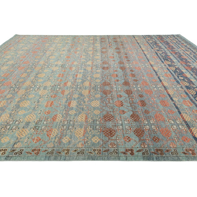 Blue Modern Khotan Style Wool Rug Terracotta, Sage Green & Soft Blue Transitional For Sale - Image 8 of 12