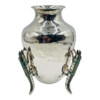 1980s Emilia Castillo Hammered Silver Vase With Malachite Lizards, Mexican Modernist For Sale